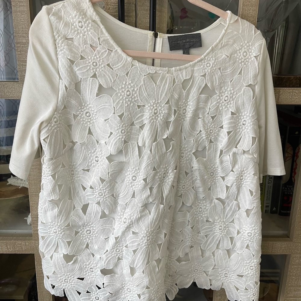 Anthropologie Ivory Floral Appliqué Blouse